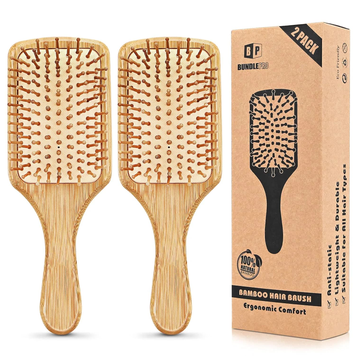 BUNDLEPRO Hair Brush with Natural Bristles | Detangling Paddle for All Hair Types, 2 Pack