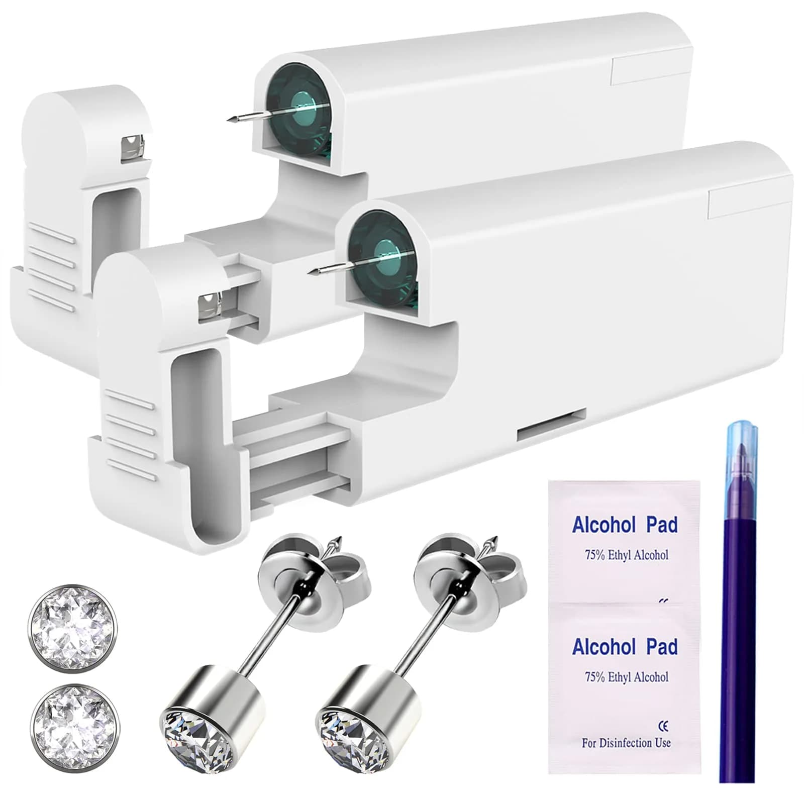KAIQIKAIXI 2Pcs Ear Piercing Kit Hypoallergenic & Disposable | Painless Household Ear Nail Gun with 4mm Silver Studs — Silver