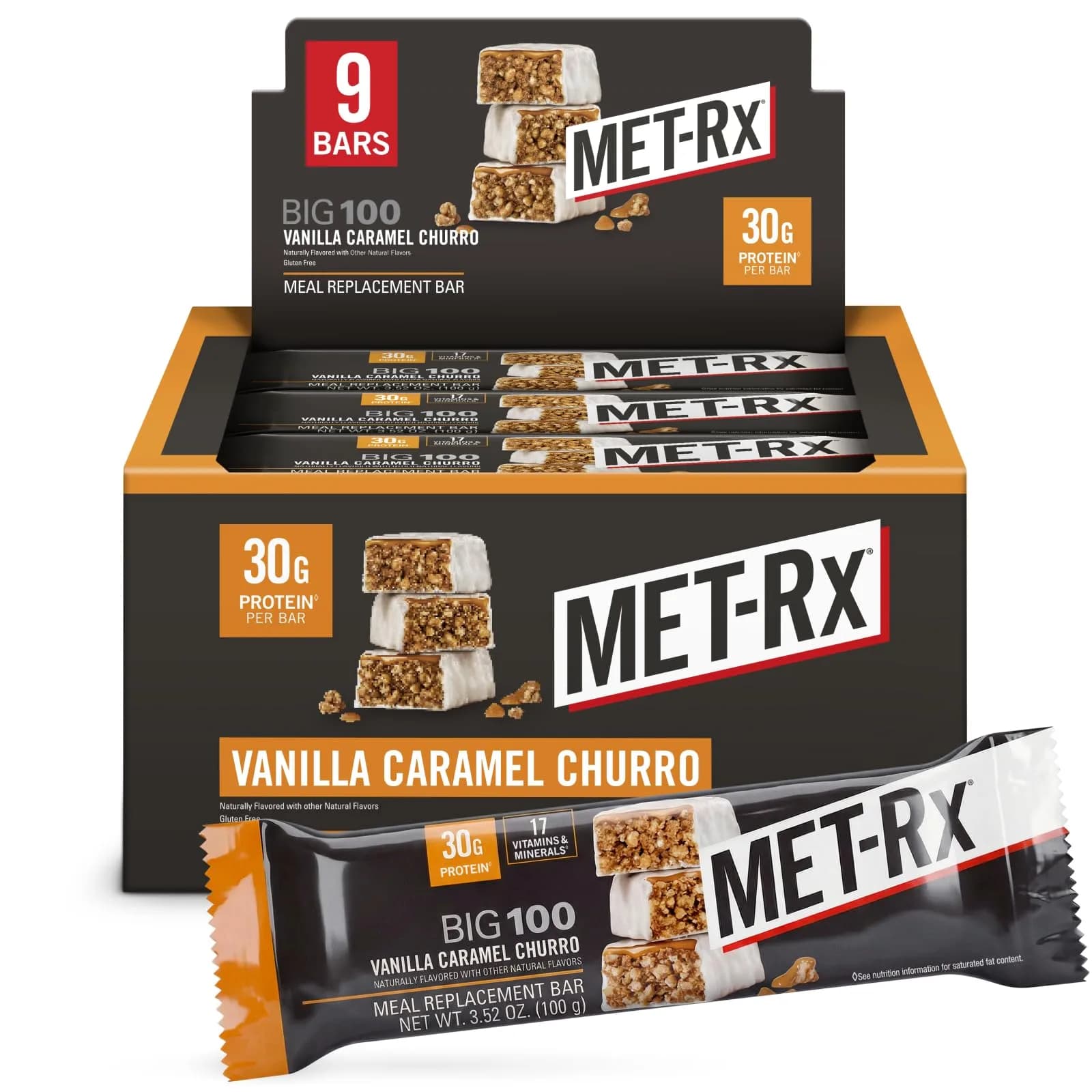 MET-Rx Big 100 Protein Bars, Chocolate Chip Cookie Dough | 30g Protein, High-Quality Snack for Muscle Support — Vanilla Caramel Churro
