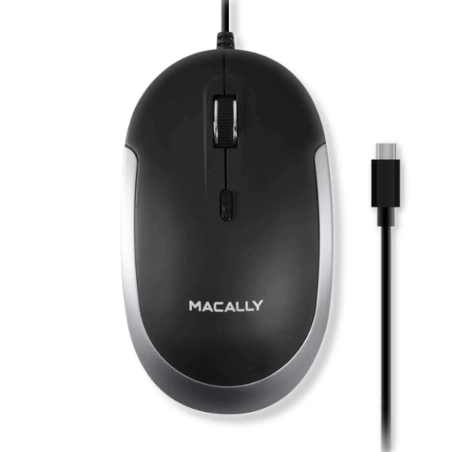 Macally USB Type C Mouse - Slim & Compact Design | Silent & DPI Switch for Mac & PC — Black with Silver Trim
