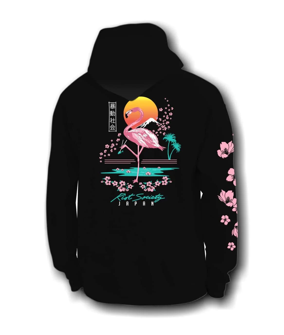 Riot Society Flamingo Blossom Mens Hoodie Hooded Sweatshirt - Black, Medium | Japanese Flamingo & Cherry Blossom Design