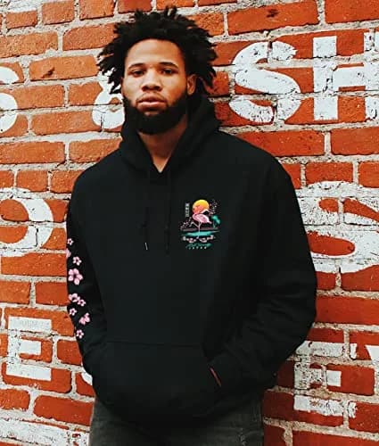 Riot Society Flamingo Blossom Mens Hoodie Hooded Sweatshirt - Black, XX-Large | Japanese Flamingo & Cherry Blossom Design thumbnail 2