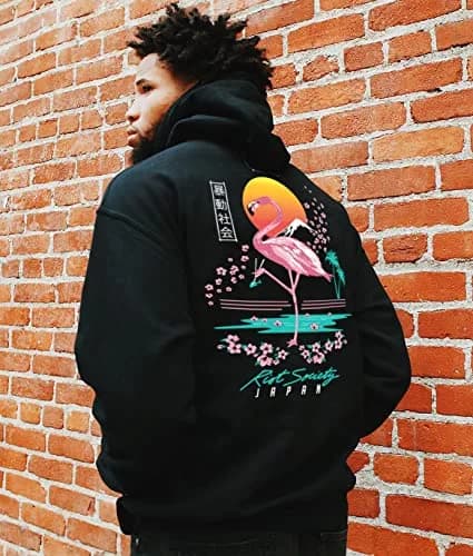 Riot Society Flamingo Blossom Mens Hoodie Hooded Sweatshirt - Black, XX-Large | Japanese Flamingo & Cherry Blossom Design thumbnail 3