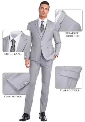 Mrbuerly Mens Suits 3 Pieces Slim Fit Wedding Suit for Men Tux Grey XS/3630 | Modern Slim Fit Formal Suit thumbnail 5