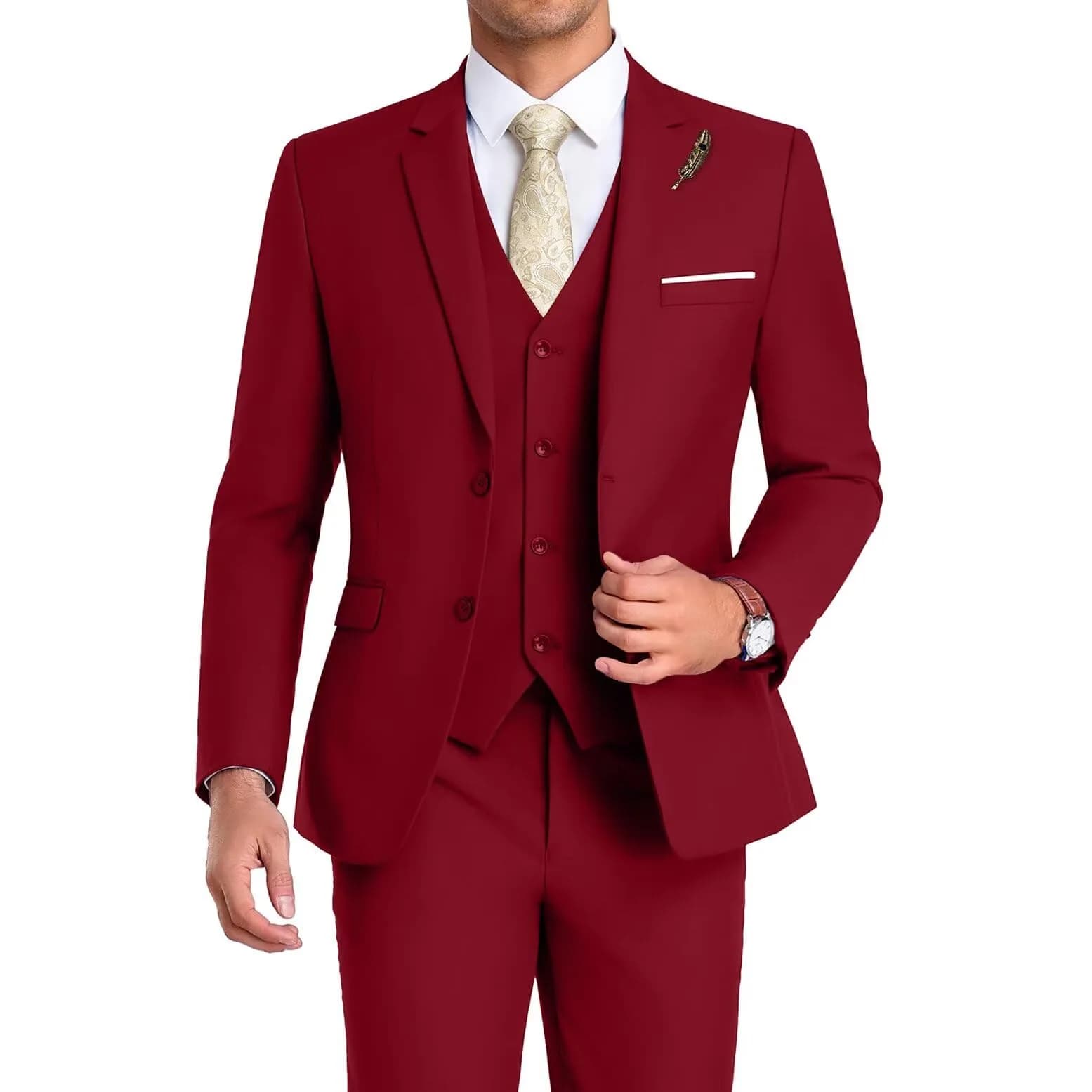 MrBuerly Suits for Men 3 Pieces Slim Fit Wedding Formal Tuxedo Red 2XL/4640 | Modern Slim Fit Suit for Weddings & Parties