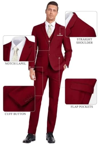 MrBuerly Suits for Men 3 Pieces Slim Fit Wedding Formal Tuxedo Red 2XL/4640 | Modern Slim Fit Suit for Weddings & Parties thumbnail 5