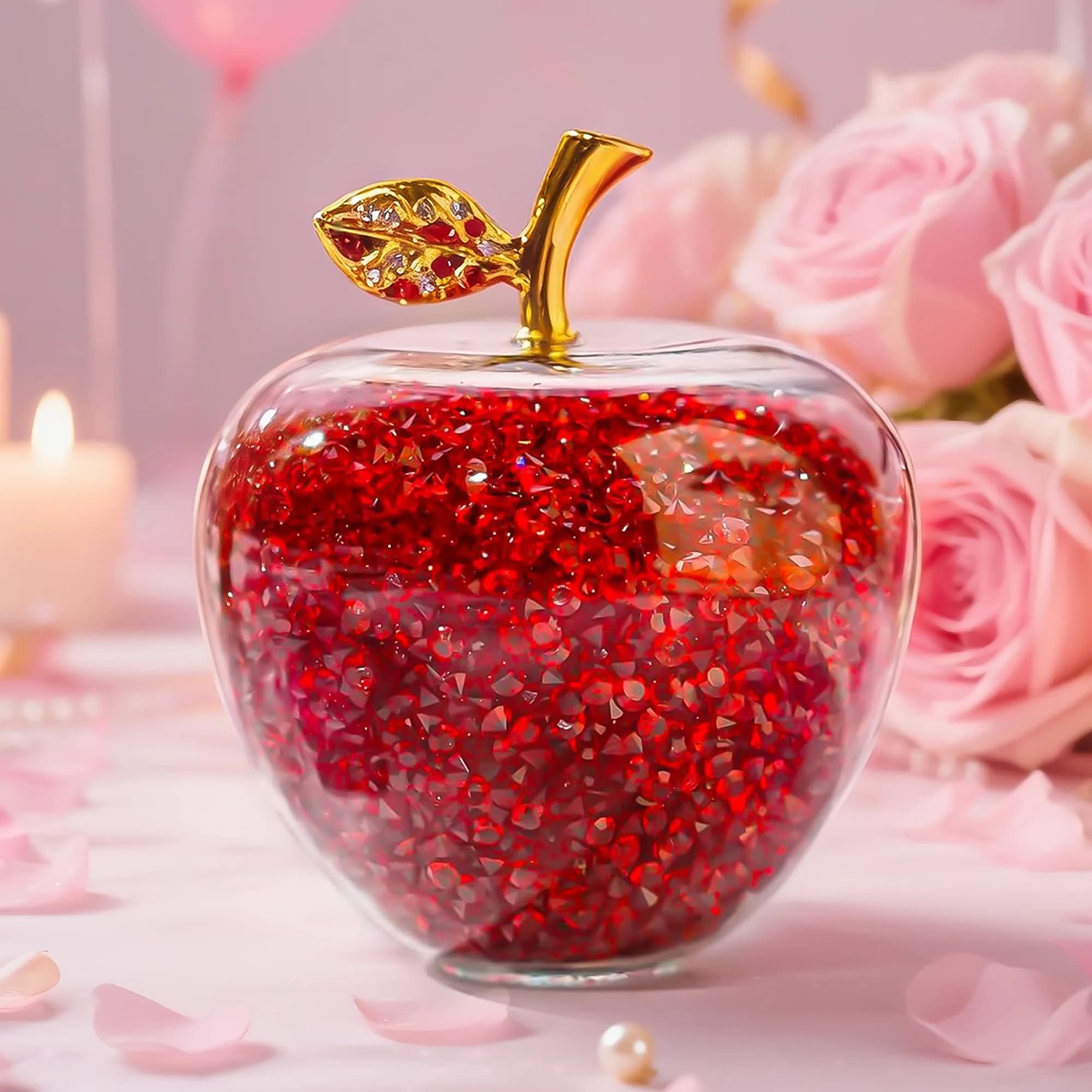 H&D HYALINE & DORA Red Crystal Apple Paperweight with Rhinestones 7.8cm (3.1in) | Handmade Glass Figurine — Red