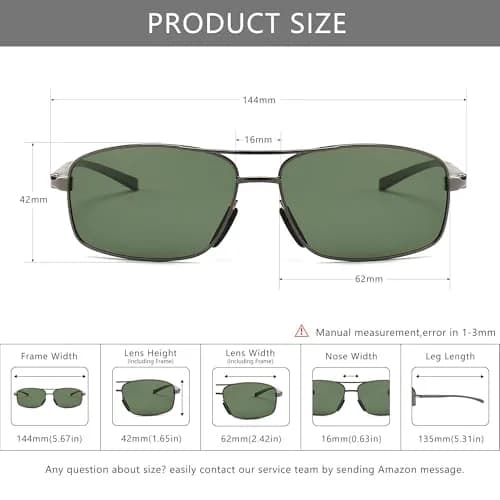 SUNGAIT Ultra Lightweight Rectangular Polarized Sunglasses Men UV400 Protection (Gunmetal Frame Green Lens, 62) Metal Frame thumbnail 5