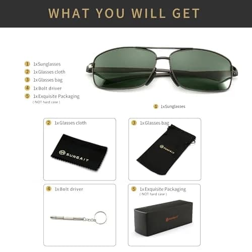 SUNGAIT Ultra Lightweight Rectangular Polarized Sunglasses Men UV400 Protection (Gunmetal Frame Green Lens, 62) Metal Frame thumbnail 6