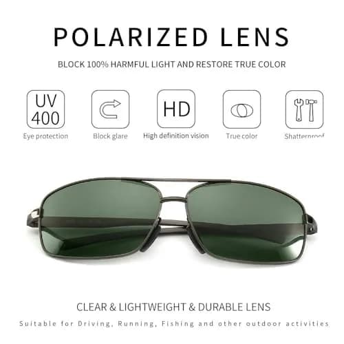 SUNGAIT Ultra Lightweight Rectangular Polarized Sunglasses Men UV400 Protection (Gunmetal Frame Green Lens, 62) Metal Frame thumbnail 2