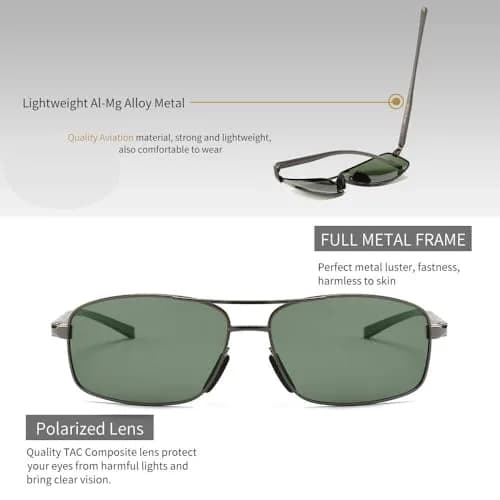 SUNGAIT Ultra Lightweight Rectangular Polarized Sunglasses Men UV400 Protection (Gunmetal Frame Green Lens, 62) Metal Frame thumbnail 3