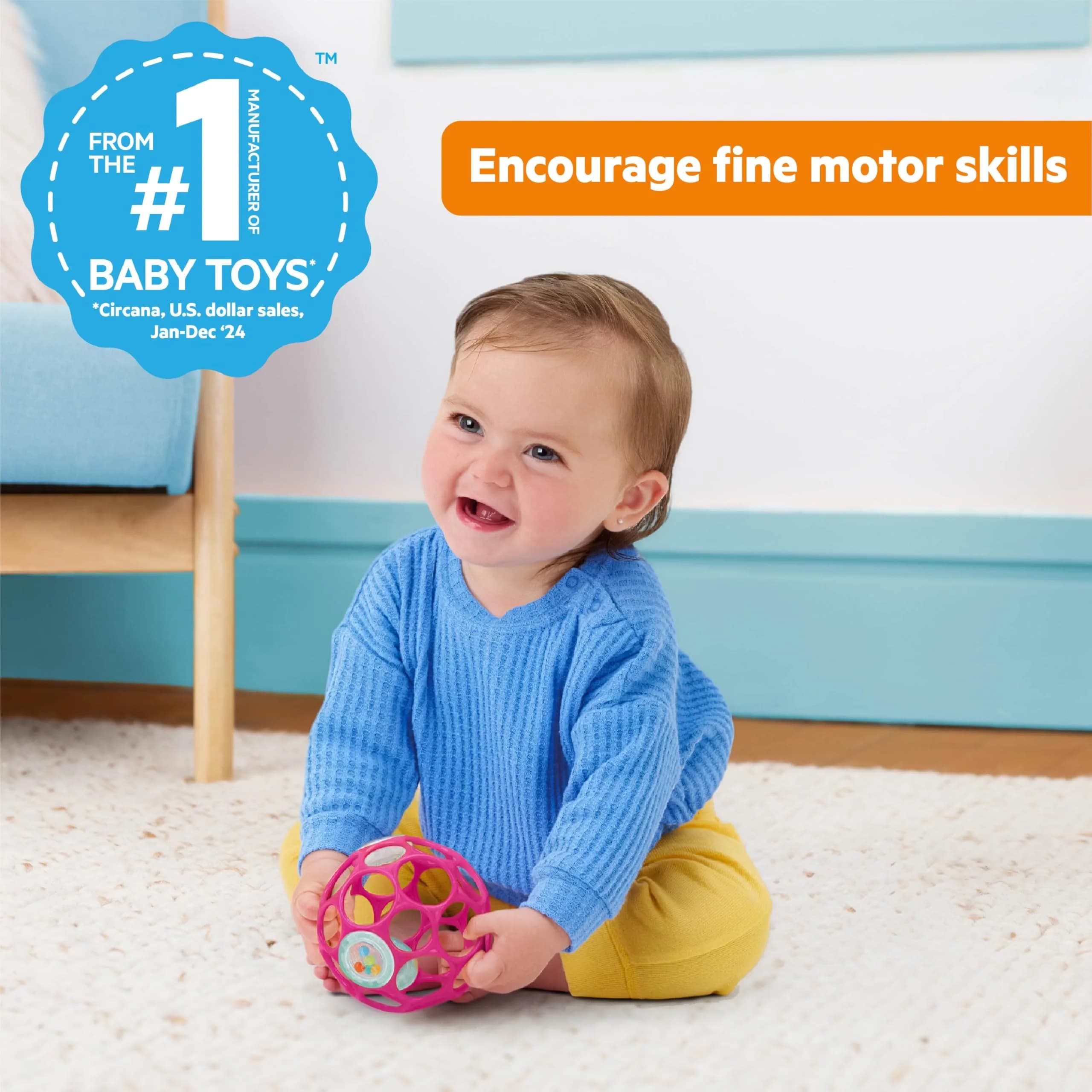 Bright Starts Oball Rattle Ball, Pink, 10cm (4 Inches) | BPA-Free Baby Toy for Fine Motor Skills - view 2