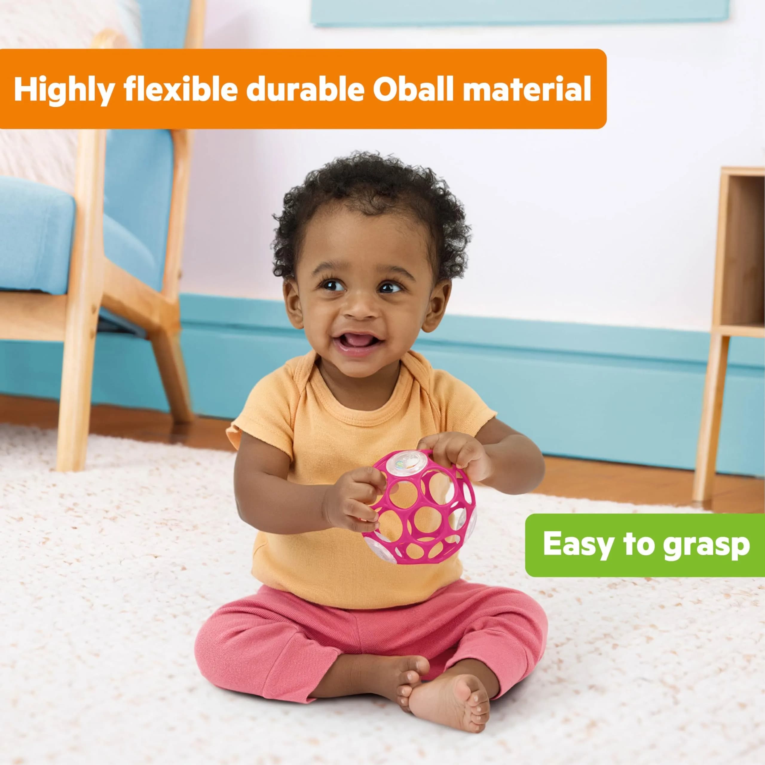 Bright Starts Oball Rattle Ball, Pink, 10cm (4 Inches) | BPA-Free Baby Toy for Fine Motor Skills - view 4