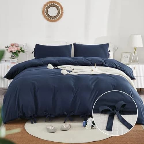 annadaif Grayish Navy Duvet Cover Queen Size | Bowknot & Microfiber Comfort thumbnail 1
