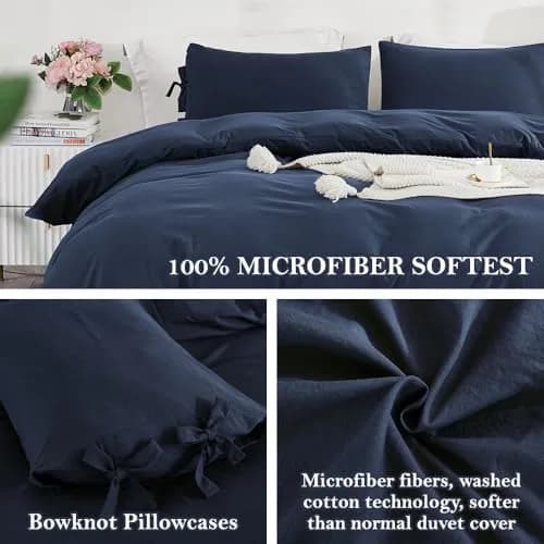 annadaif Grayish Navy Duvet Cover Queen Size | Bowknot & Microfiber Comfort thumbnail 4