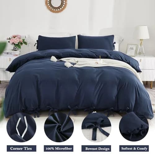 annadaif Grayish Navy Duvet Cover Queen Size | Bowknot & Microfiber Comfort thumbnail 2