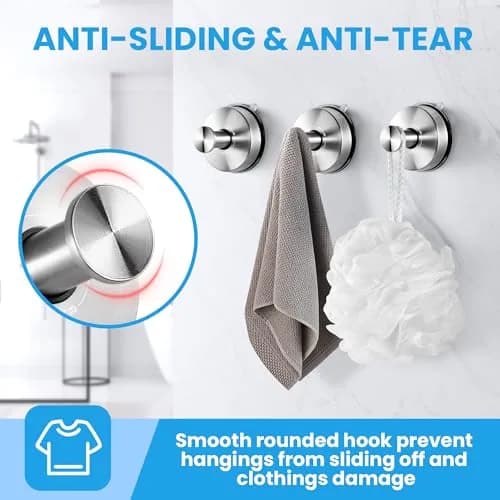 JOMOLA Suction Cup Hooks Suction Shower Hook Bathroom Towel Hanger for Shower Storage Kitchen Utensil Stainless Steel, Brushed Finish, 2PCS | 11lb Max Load thumbnail 4
