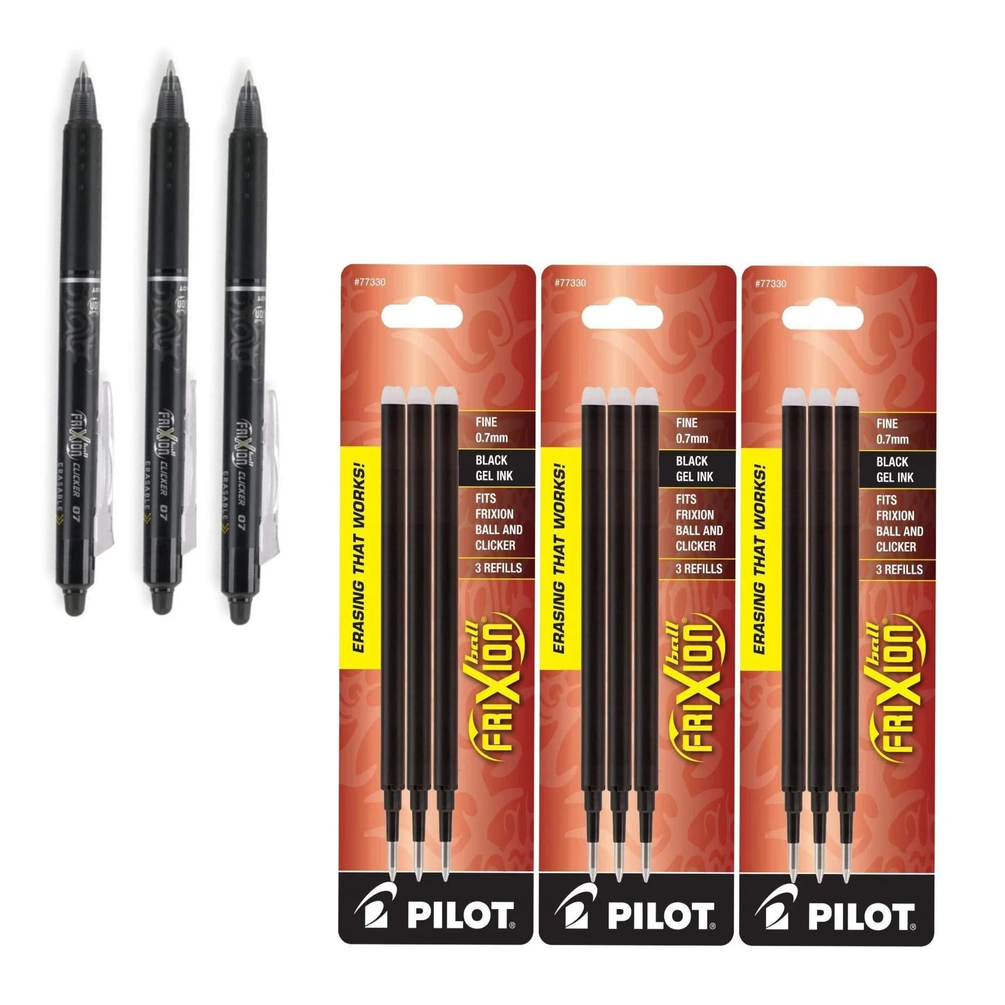 Pilot Gel Ink Refills for FriXion Erasable Gel Ink Pen, Fine Point, Black Ink Bundle: 3 Packs 9 Refills + 3 Pens | Erasable Gel Ink