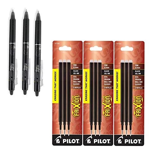 Pilot Gel Ink Refills for FriXion Erasable Gel Ink Pen, Fine Point, Black Ink Bundle: 3 Packs 9 Refills + 3 Pens | Erasable Gel Ink thumbnail 1