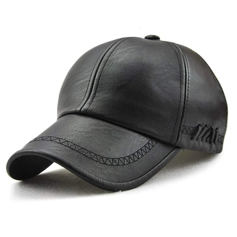 Dewsshine Unisex Leather Baseball Cap Black | Classic PU Winter Hat for Men & Elderly (22.1-23.6in) — Black