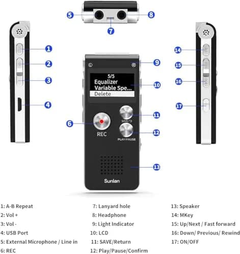 Sunlan Digital Voice Recorder 16GB | Clear Audio & Long Battery (70-120c) thumbnail 6