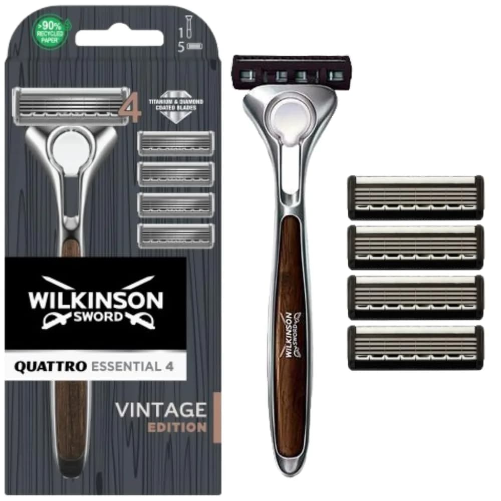 Wilkinson Sword Quattro Titanium Razor for Men | Sensitive Comfort with 9 Blades (9 Count) | Smooth & Precise Shave — Brown