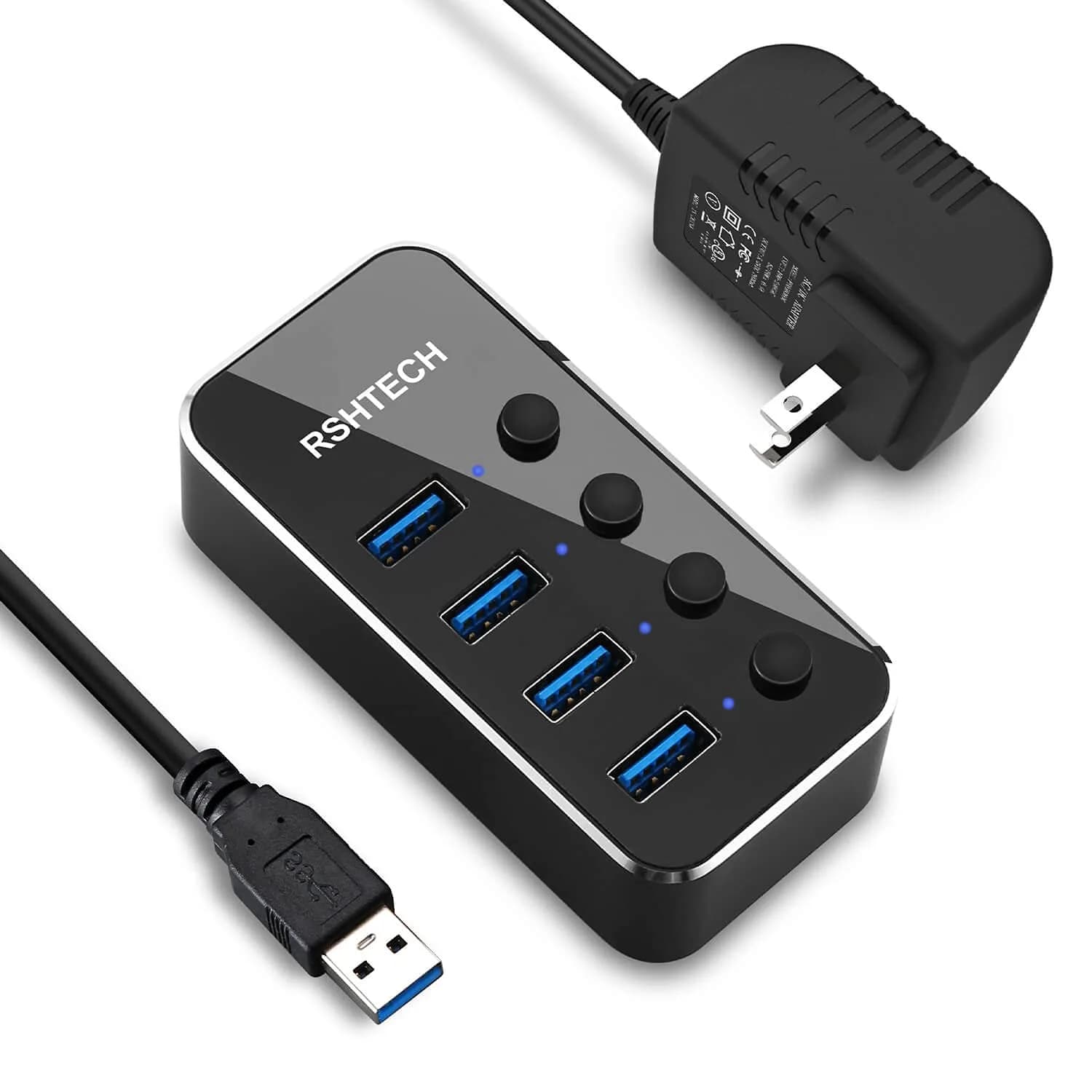 RSHTECH Powered USB Hub 4 Port | USB 3.0 Data Expander with Individual Switch & Aluminum Body — Black