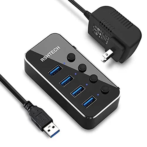 RSHTECH Powered USB Hub 4 Port | USB 3.0 Data Expander with Individual Switch & Aluminum Body thumbnail 1