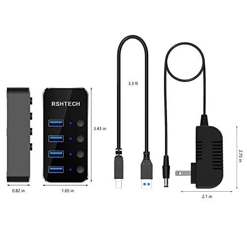 RSHTECH Powered USB Hub 4 Port | USB 3.0 Data Expander with Individual Switch & Aluminum Body thumbnail 6