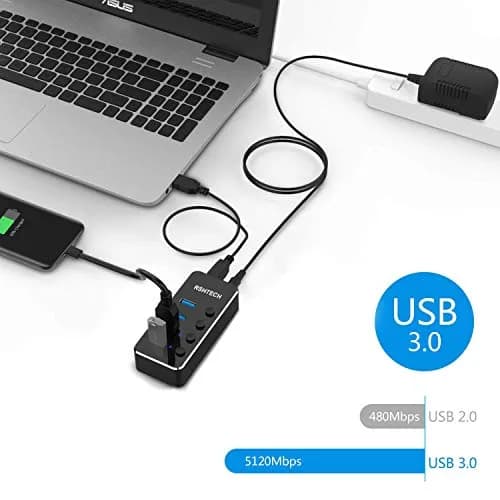 RSHTECH Powered USB Hub 4 Port | USB 3.0 Data Expander with Individual Switch & Aluminum Body thumbnail 2
