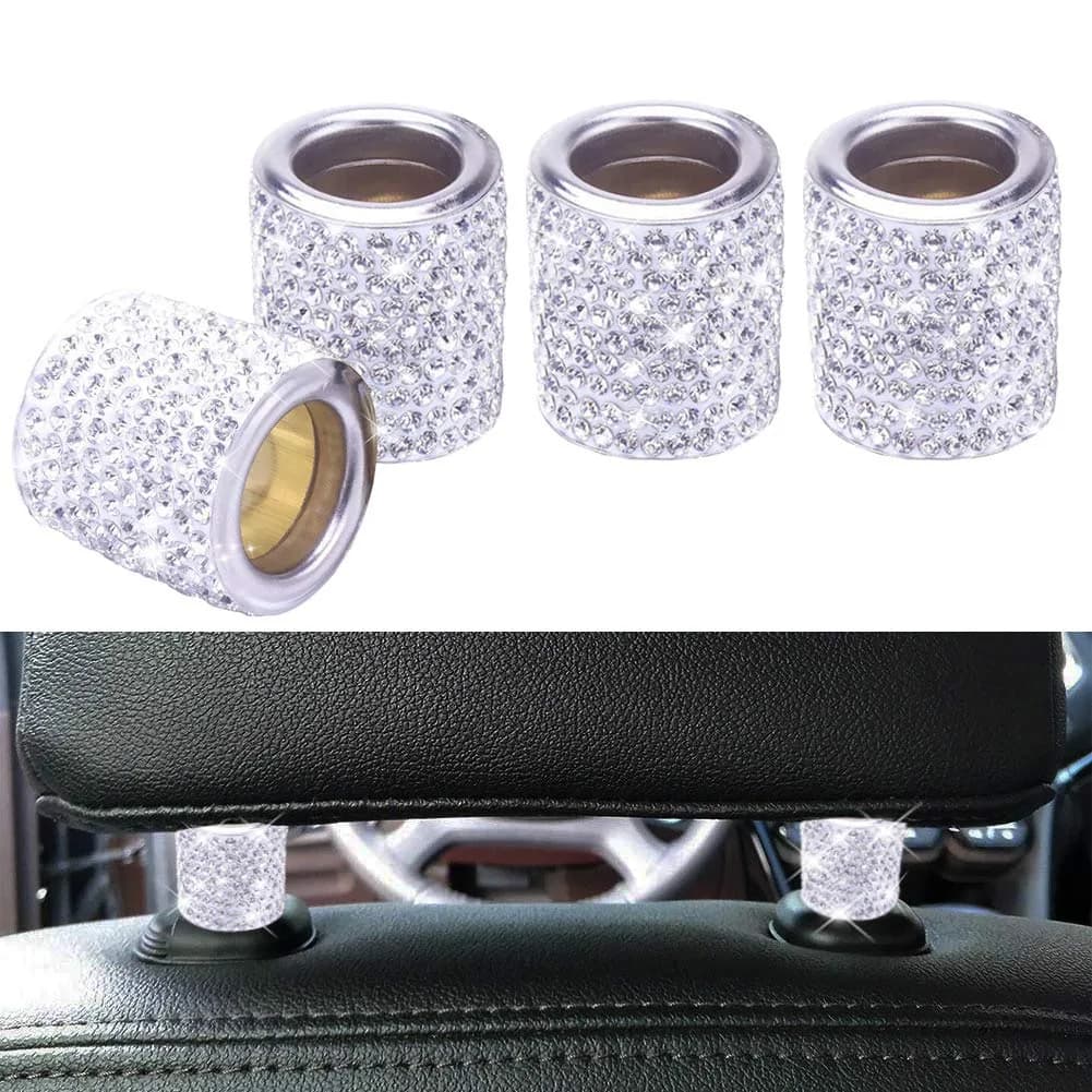FEENM White 4 Pack Vehicle Seat Cover Accessories | Diamond Rhinestone Headrest Collars for Car Interior (70-120 chars)