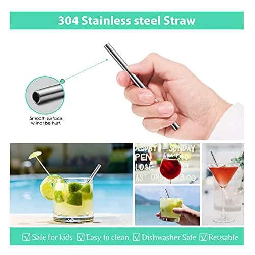 Teivio 5-inch Extra Short Reusable Stainless Steel Drink Straws 12 Pack (Silver) | Perfect for Cocktails & Small Glasses thumbnail 4