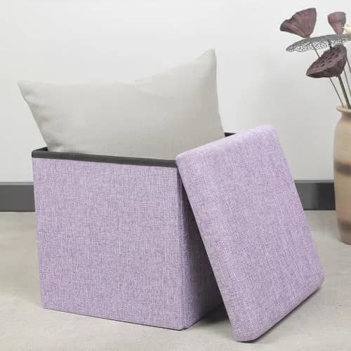B FSOBEIIALEO Storage Ottoman Cube 11.8" Linen Light Purple | Space-Saving Foldable Footrest thumbnail 2