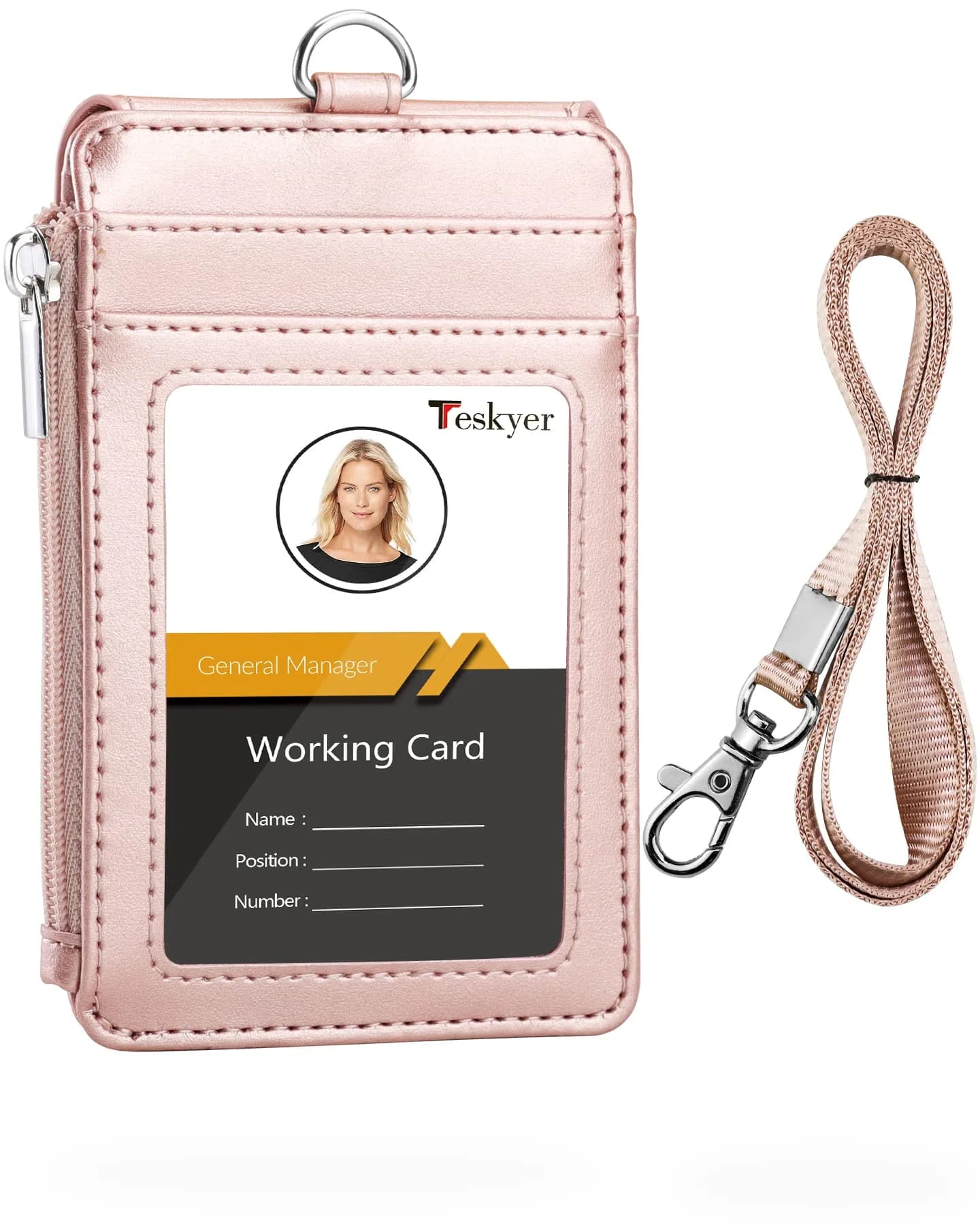 Teskyer Rose Gold PU Leather ID Badge Holder with Lanyard & Zipper Pocket | 3.1" x 4.7" - main product image