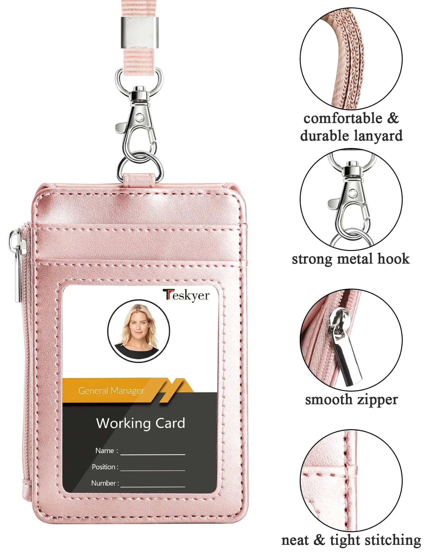 Teskyer Rose Gold PU Leather ID Badge Holder with Lanyard & Zipper Pocket | 3.1" x 4.7" - view 3