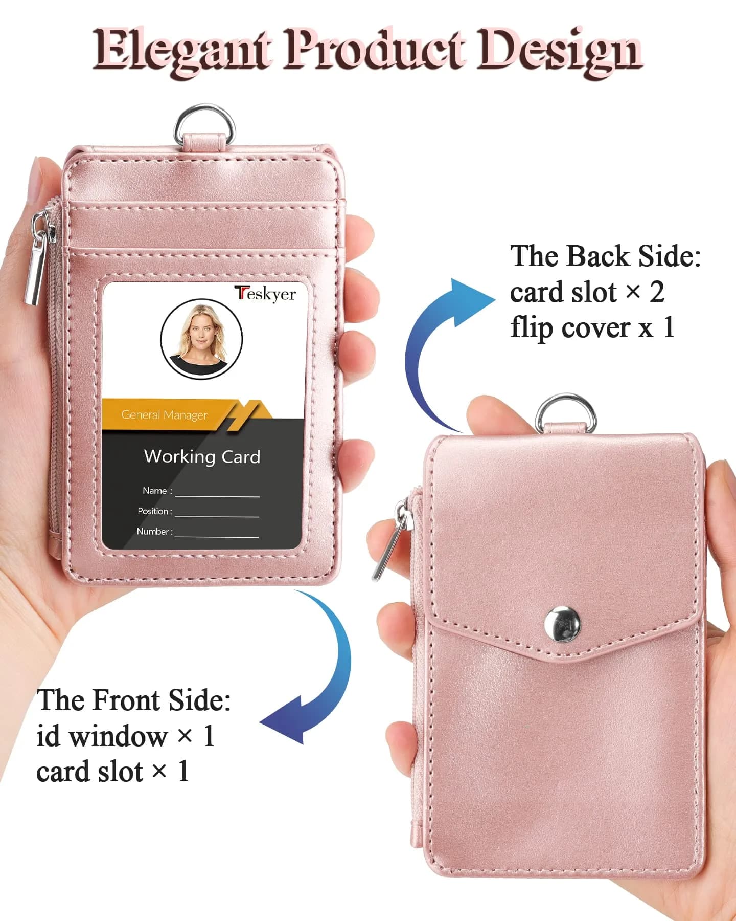 Teskyer Rose Gold PU Leather ID Badge Holder with Lanyard & Zipper Pocket | 3.1" x 4.7" - view 4