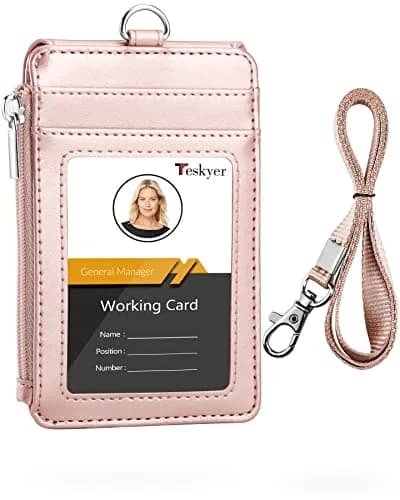 Teskyer Black PU Leather ID Badge Holder with Lanyard & Zipper Pocket | 4 Card Slots, 1 Clear ID Window — Rose Gold / 3.1" x 4.7"
