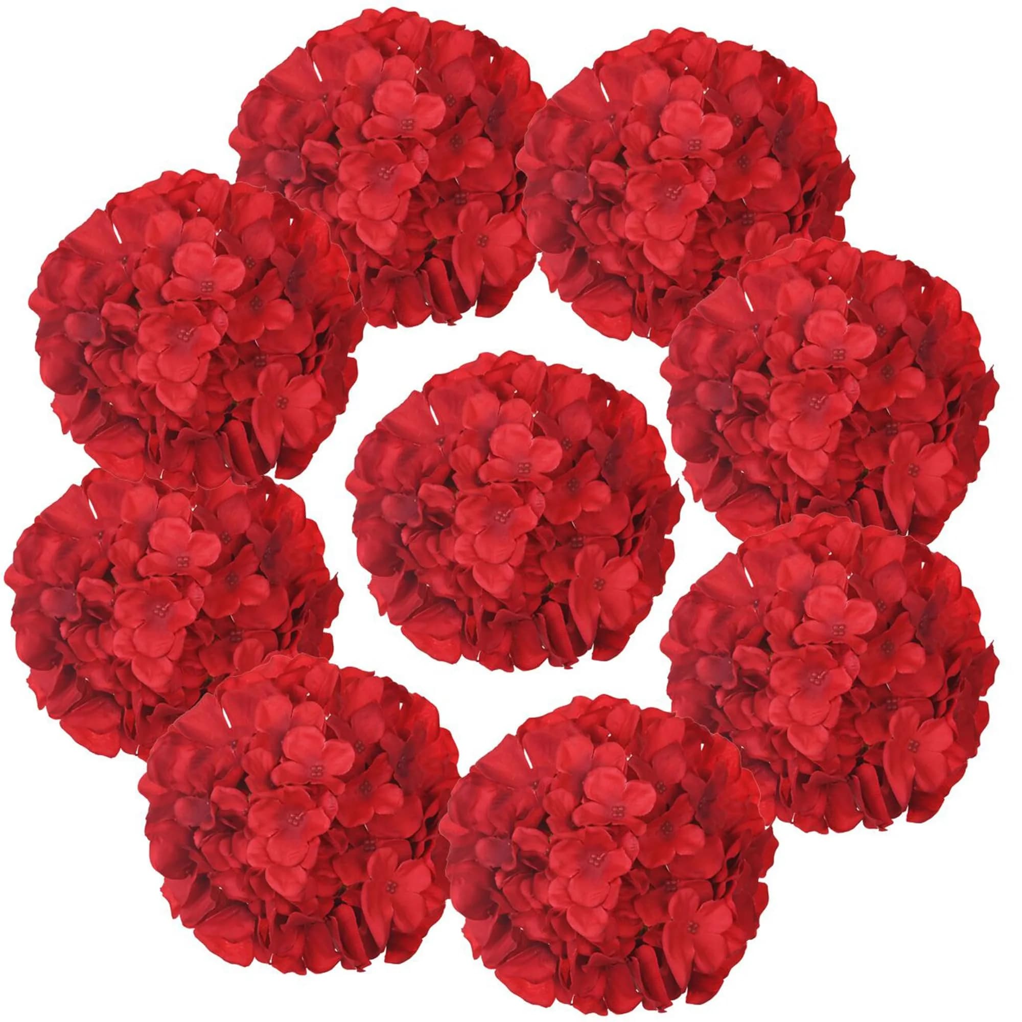 LUSHIDI Red 10PCS Silk Hydrangea Flower Heads with Stems | Realistic Style Artificial Flowers for Decor — Red