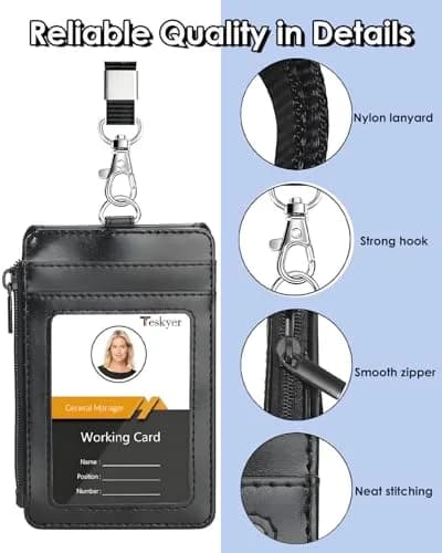 Teskyer Black PU Leather ID Badge Holder with Lanyard & Zipper Pocket | 4 Card Slots, 1 Clear ID Window thumbnail 5