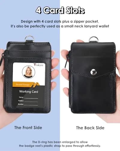 Teskyer Black PU Leather ID Badge Holder with Lanyard & Zipper Pocket | 4 Card Slots, 1 Clear ID Window thumbnail 2