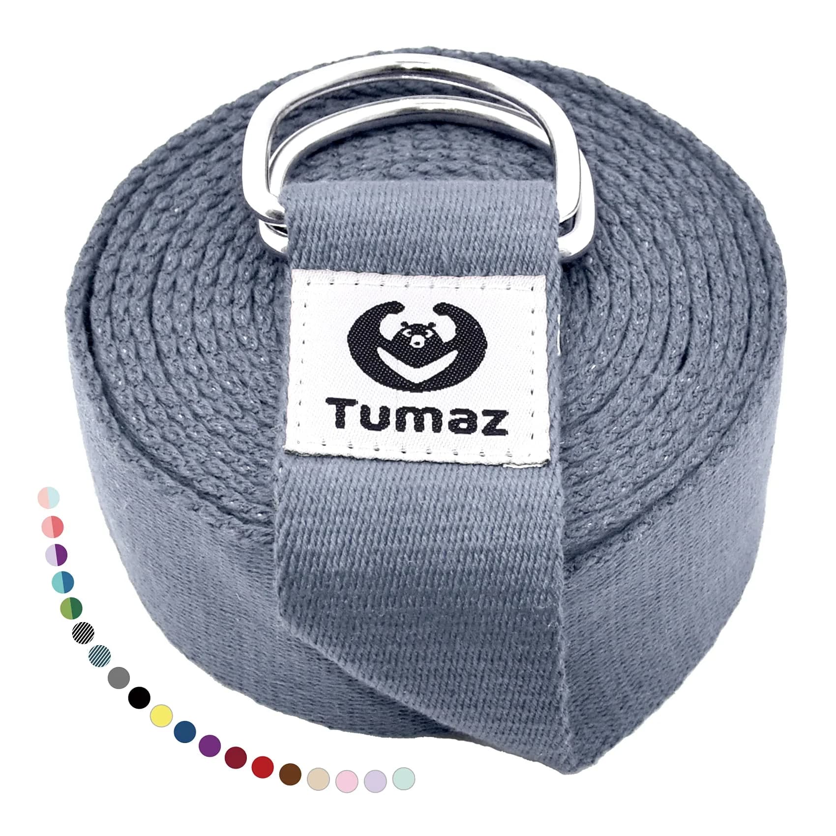 Tumaz Yoga Strap for Stretching with Adjustable D-Ring, 8 Feet | Durable, Safe & Colorful for Daily Yoga & Therapy — 12. Gray