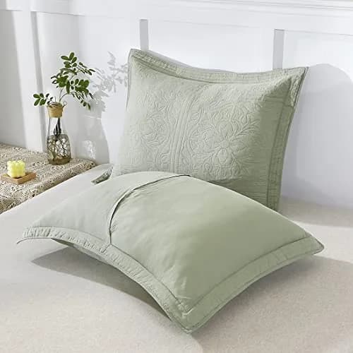 WINLIFE 100% Cotton Quilted Pillow Sham Floral Printed Pillow Cover Sage Green | Standard Size, 20 x 26 Inch thumbnail 4
