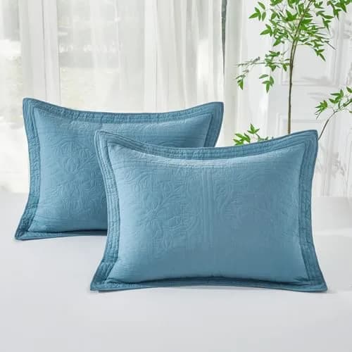WINLIFE 100% Cotton Quilted Pillow Sham Floral Printed Pillow Cover Standard Size (Mineral Blue) | Breathable & Durable thumbnail 1