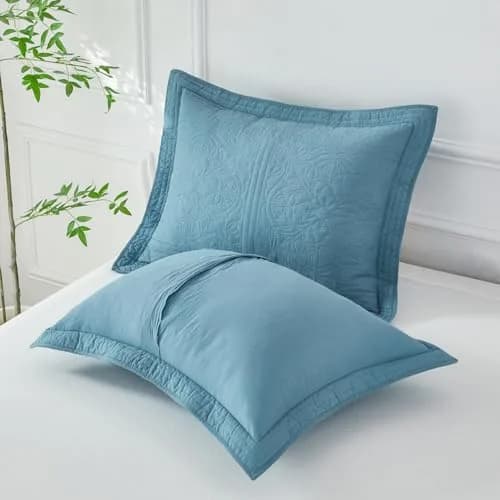 WINLIFE 100% Cotton Quilted Pillow Sham Floral Printed Pillow Cover Standard Size (Mineral Blue) | Breathable & Durable thumbnail 4