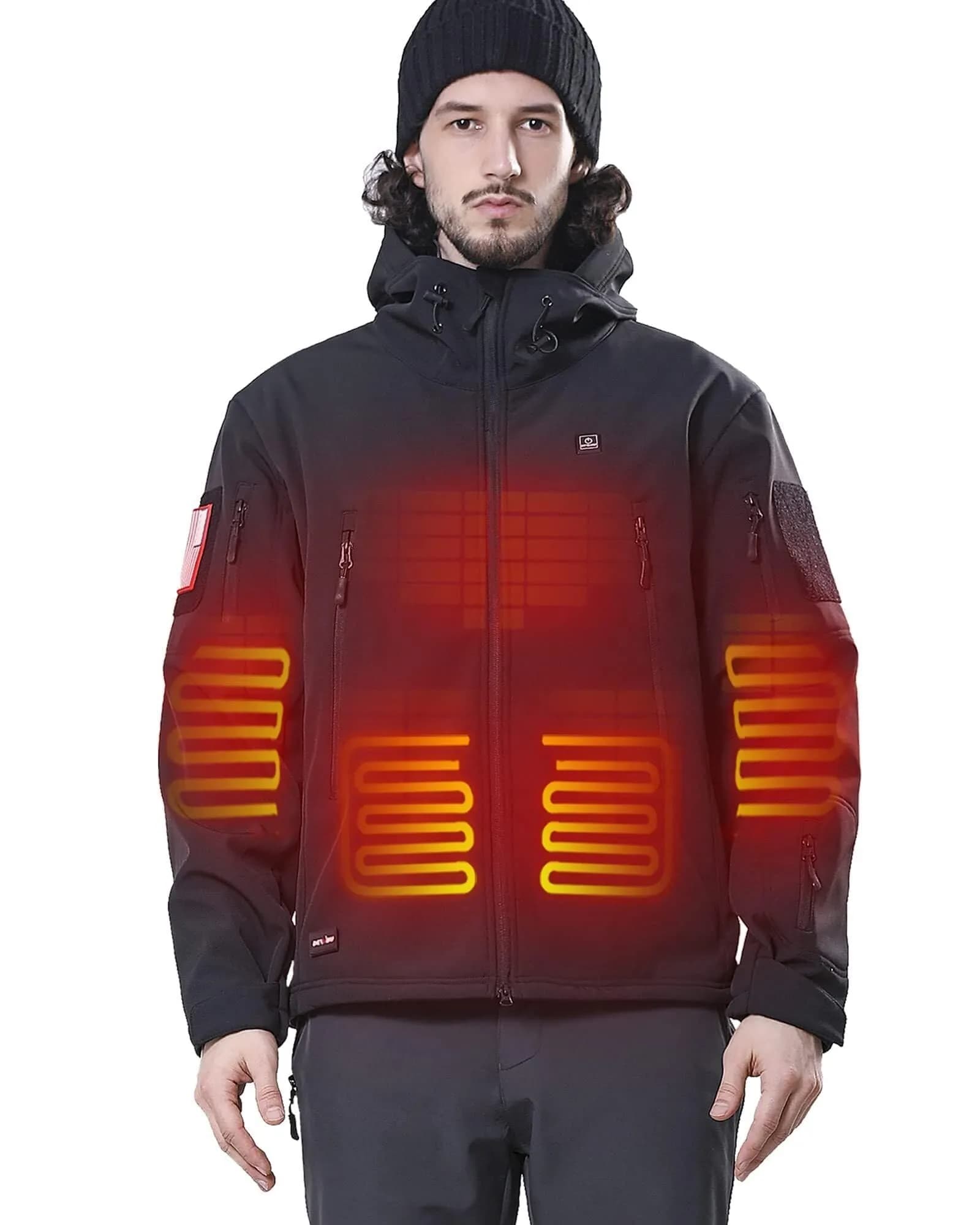 DEWBU Heated Jacket for Men with 12V Battery Pack | Soft Shell, Water Resistant, 5 Heating Zones, Black, 2XL — Black