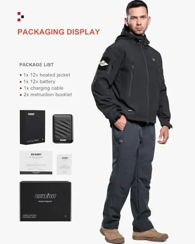 DEWBU Heated Jacket for Men with 12V Battery Pack | Soft Shell, Water Resistant, 5 Heating Zones, Black, 2XL thumbnail 6