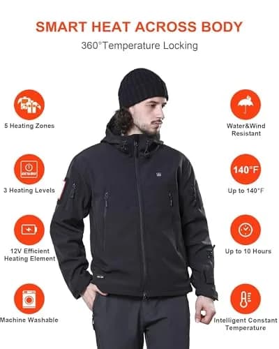 DEWBU Heated Jacket for Men with 12V Battery Pack | Soft Shell, Water Resistant, 5 Heating Zones, Black, 2XL thumbnail 3
