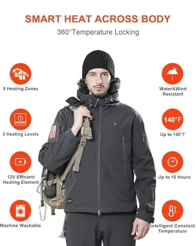 DEWBU Heated Jacket for Men with 12V Battery Pack | 5 Heating Zones, Water Resistant, Soft Shell, Winter Outdoor Coat thumbnail 3