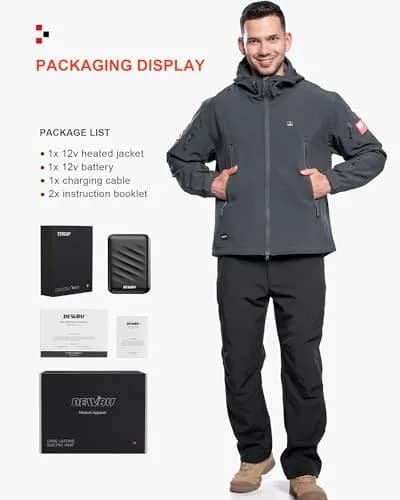 DEWBU Heated Jacket for Men with 12V Battery Pack, Grey, 3XL | 5 Heating Zones, Water Resistant, Winter Outdoor thumbnail 6