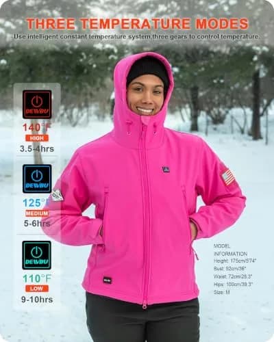 DEWBU Women’s Heated Jacket with 12V Battery Pack | Winter Electric Soft Shell Coat, Rose Red, XS thumbnail 4